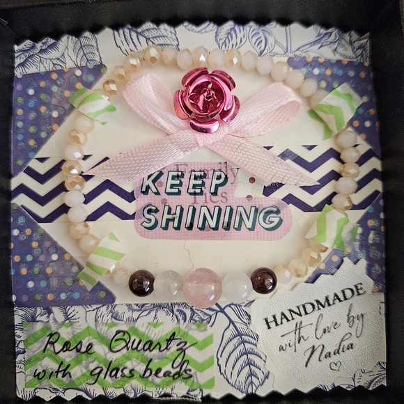 Handmade Rose Quartz stretch Bracelet OOAK Scrapbook Styls Gift Box KEEP SHINING - Picture 3 of 7